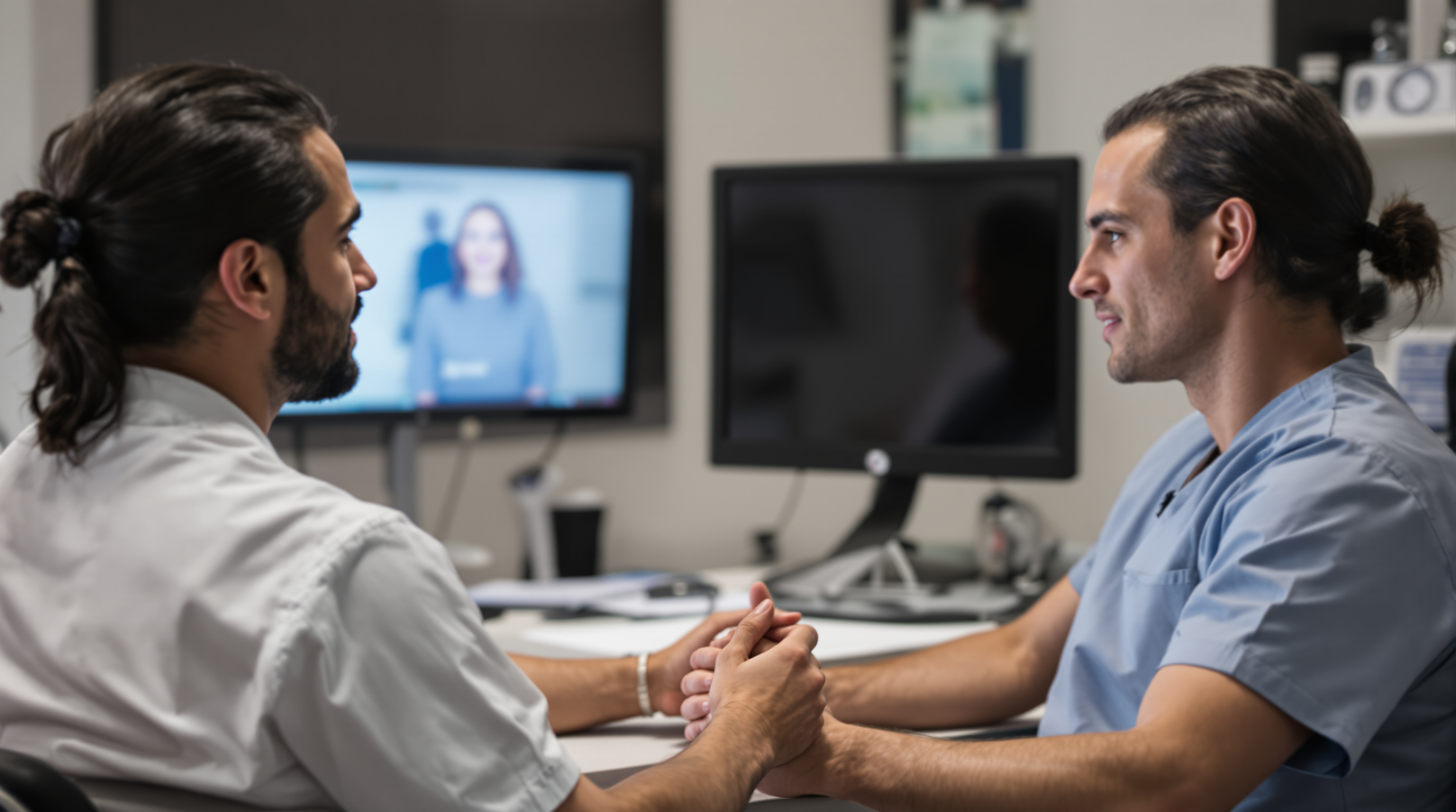 A man in his thirties seated across from a surgeon in a bright consultation room, both looking at a chart on the desk between them