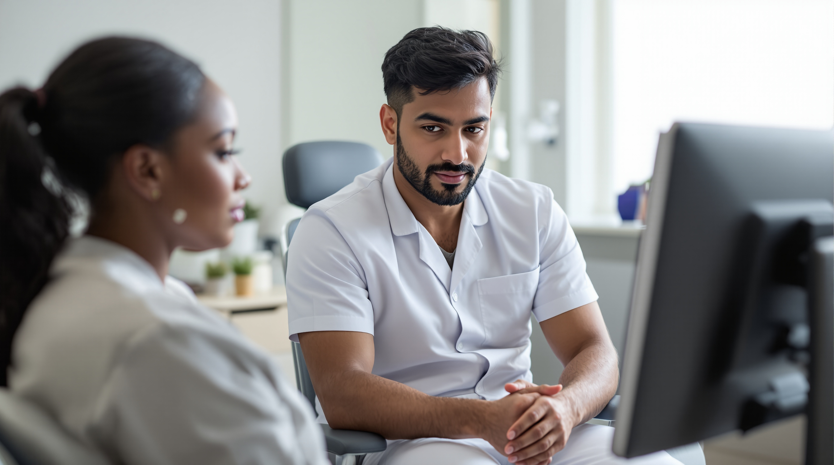 A physician reviewing a male patient's medication list and lab results on a tablet during a clinic consultation